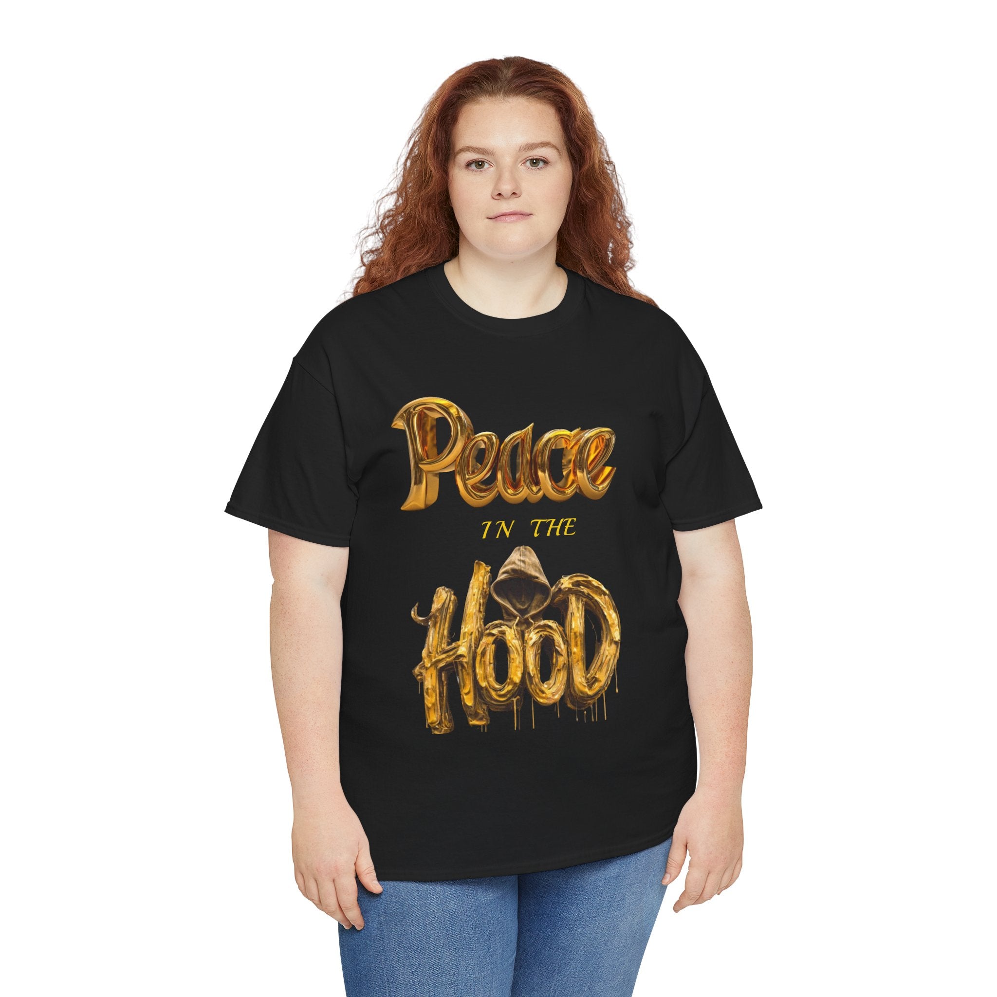 Peace the Hood T-Shirt | Gold Balloon Script, Urban City Skyline